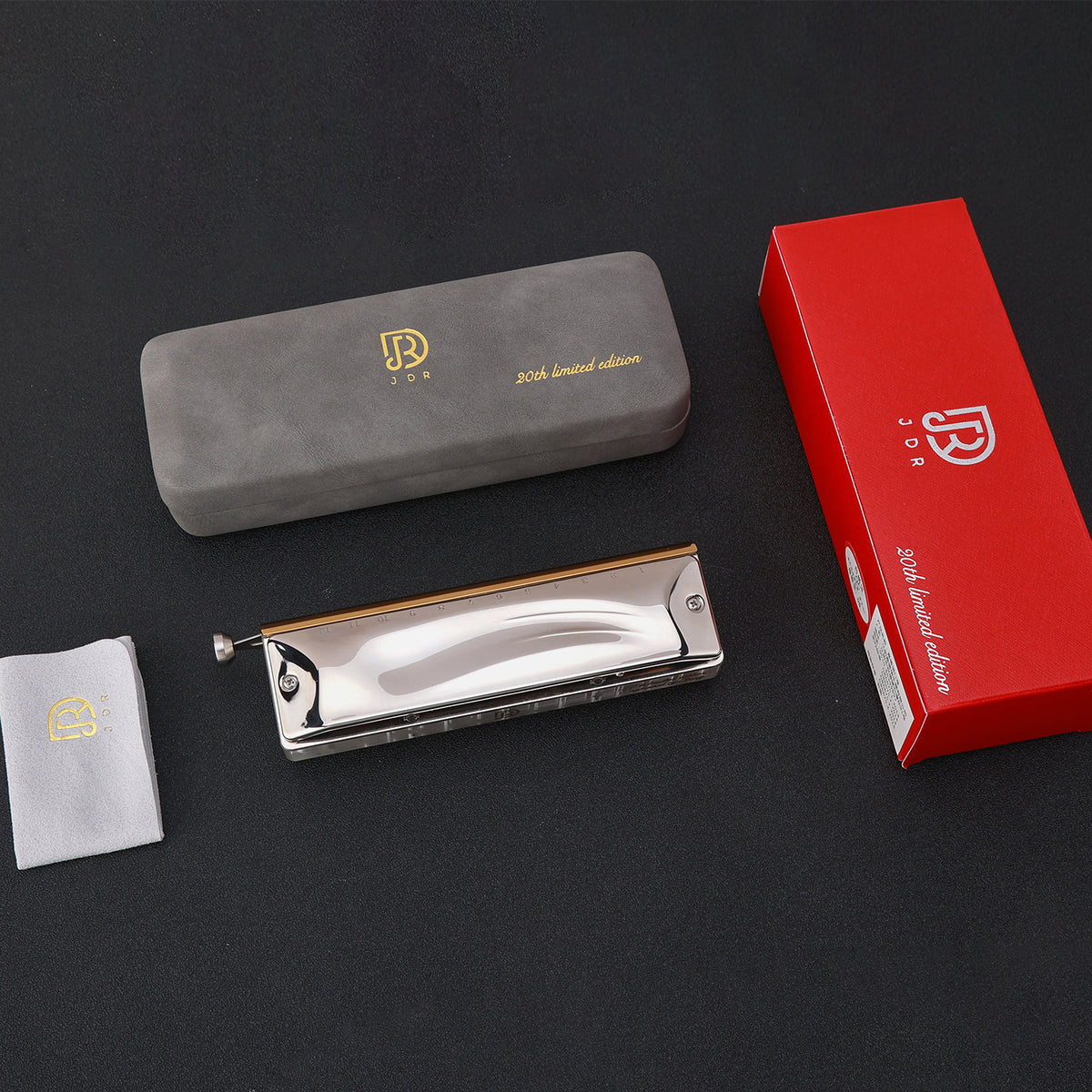 JDR 20th Anniversary 12-Hole Chromatic Harmonica GM-0648-20, Platinum-Plated Copper Cover Plates, Clear Acrylic Comb, Heat-Treated Reeds, Bright Tone, Easy Playability