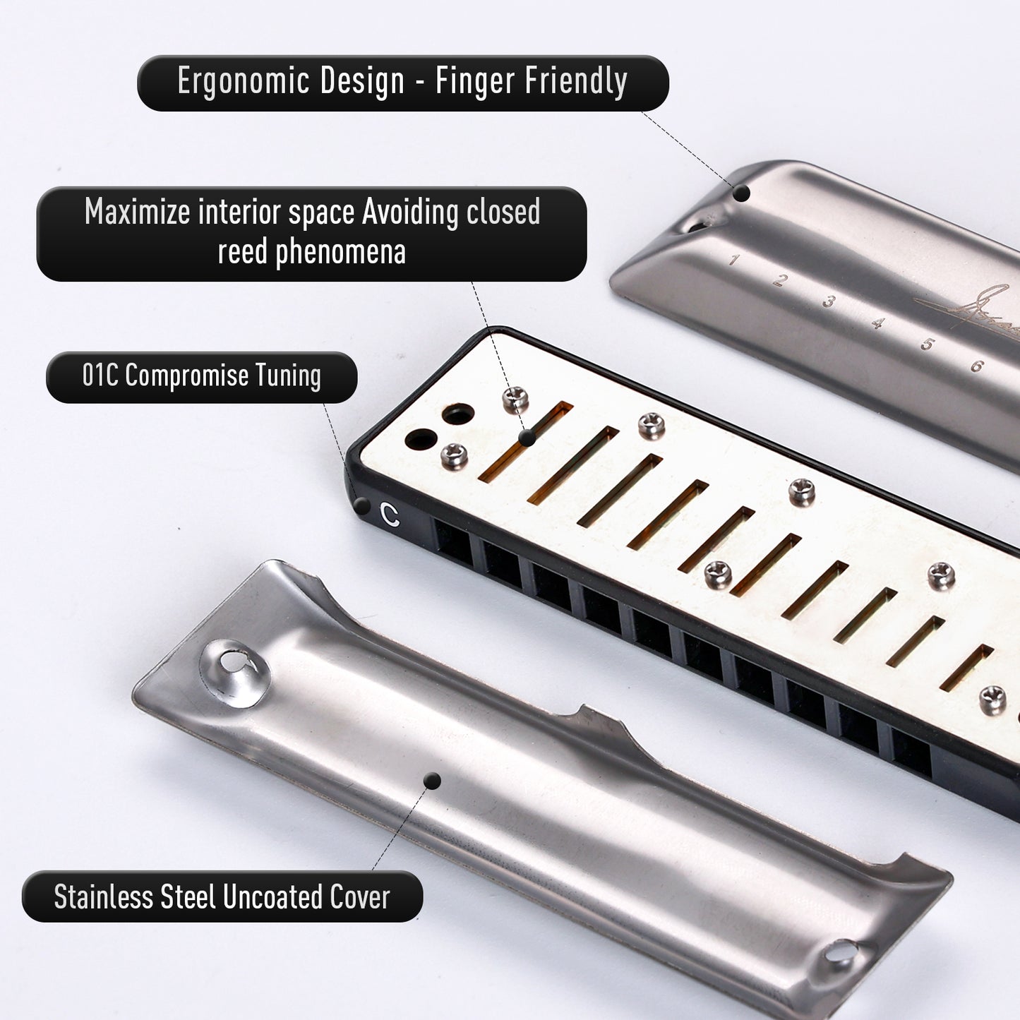 The New Assassin blues harmonica cover is made of uncoated stainless steel, making it environmentally friendly and non-toxic. 01C Compromise Tuning