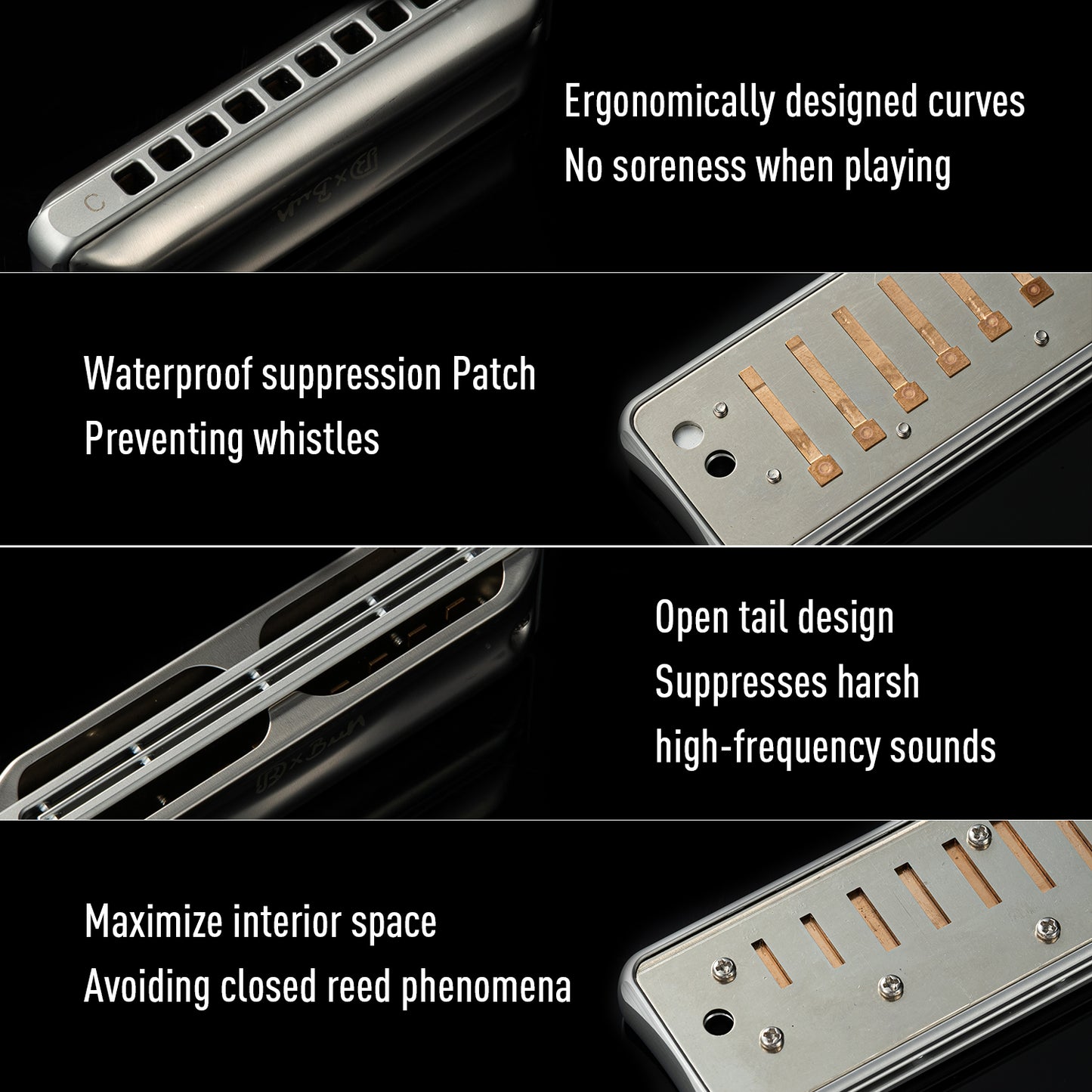 The New Assassin blues harmonica features a 0.5mm uncoated stainless steel cover, waterproof damping sheets, low-temp reeds for airtightness.