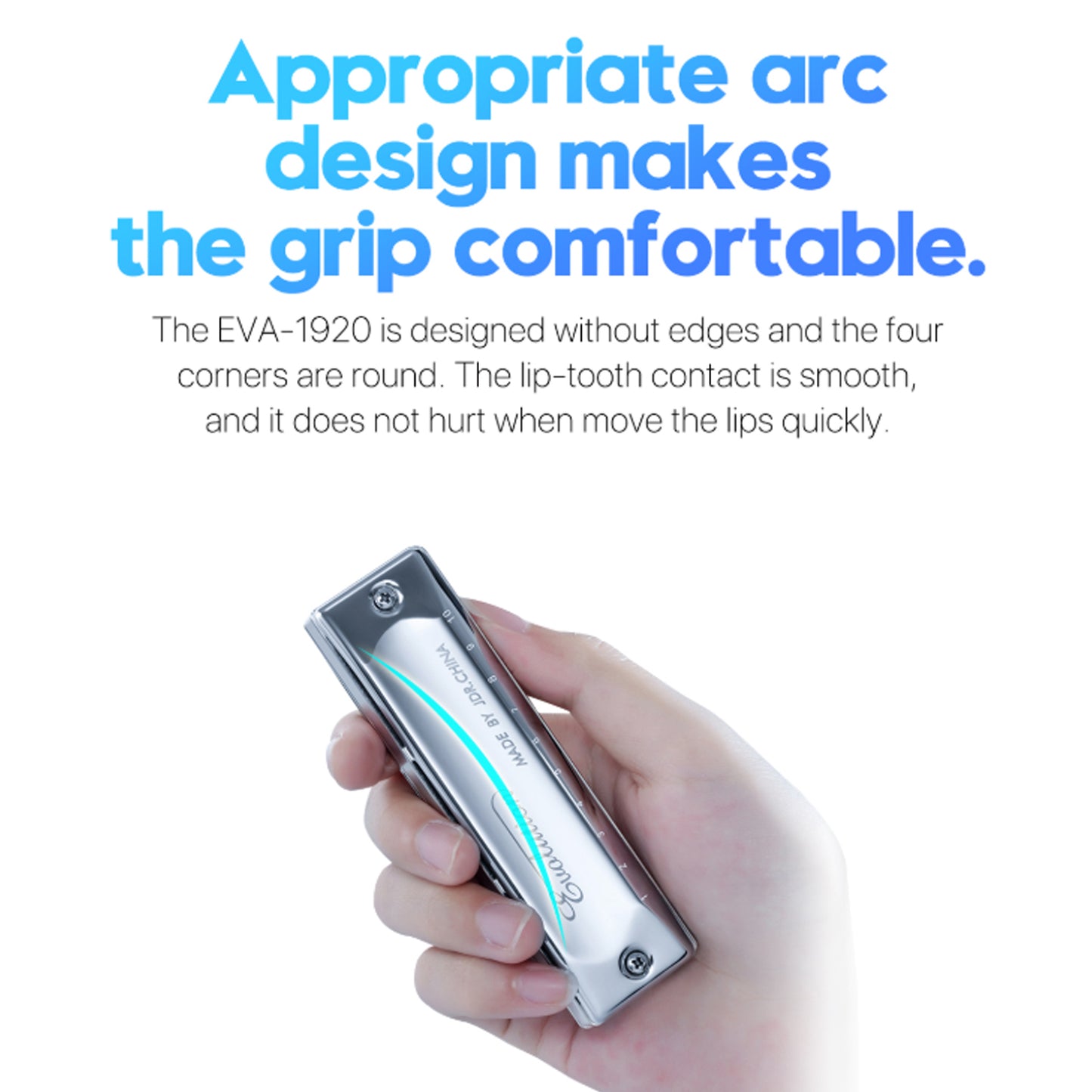 The comb of the blues harmonica EVA - 1920 is made of aluminum. The sound is transmitted faster in the metal comb, and the sound produced is louder and clearer.
