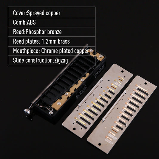 The reeds of the Chromatic Harmonica EVO 0648S use a reed planing process to make the sound fuller and softer.