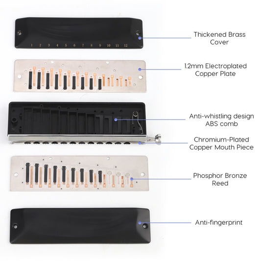 GM0648 chromatic harmonica features phosphor bronze reeds, durable valves, a copper-chromed mouthpiece, waterproof ABS comb with anti-whistling 4th hole.