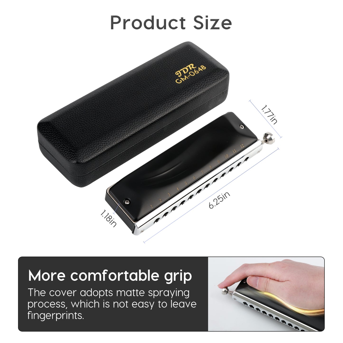 GM0648 chromatic harmonica features phosphor bronze reeds, durable valves, a copper-chromed mouthpiece, waterproof ABS comb with anti-whistling 4th hole.