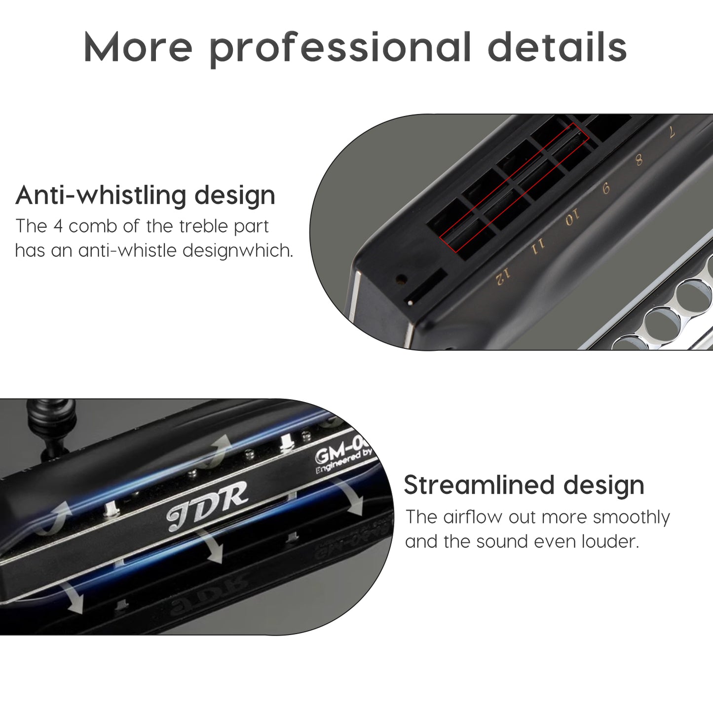 GM0648 chromatic harmonica features phosphor bronze reeds, durable valves, a copper-chromed mouthpiece, waterproof ABS comb with anti-whistling 4th hole.