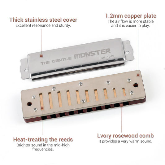 The Gentle Monster blues harmonica is made with Japanese reeds and a 1.2mm copper plate. It ensures more stable airflow and makes the harmonica easier to play.