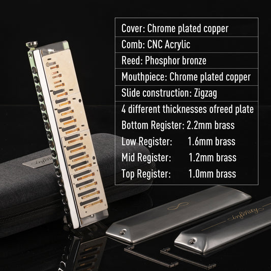 JDR Infinity Chromatic Harmonica features a copper-chrome cover, 4-thickness Infinity reedplates, No.45 reeds, and smooth blow-draw for rich, loud tones.