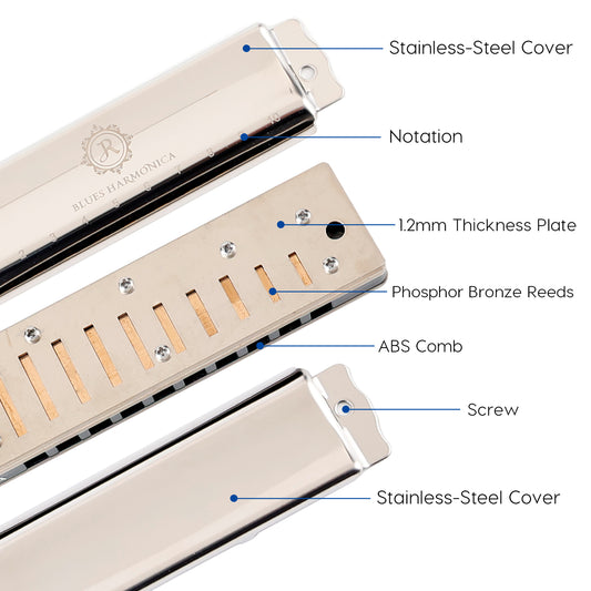 The JDR North blues harmonica features high-end phosphor bronze reeds, 1.2mm thick plates,covers with ergonomic concave arcs for airtightness