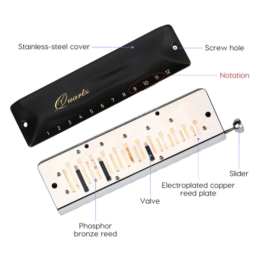 The JDR Quartz 12-hole 48-tone chromatic harmonica in key of C features half valves for airtightness, special reeds, a 1.2mm reed plate.