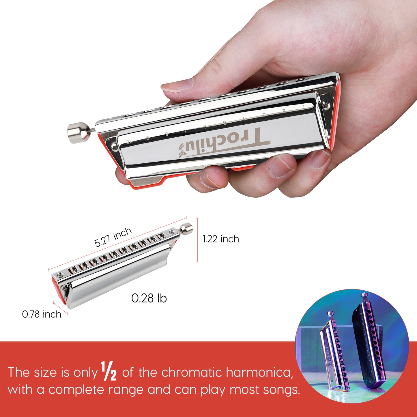Trochilus Valveless chromatic harmonica with Pop tuning. Compact, bendable, and ideal for all levels. Includes case and cleaning cloth key of C/G/A/Bb