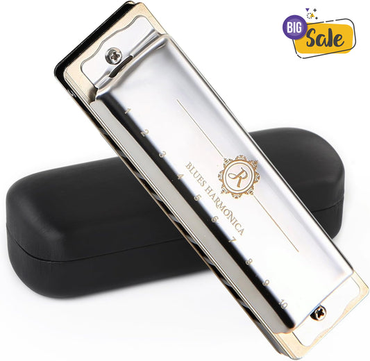 JDR North Harmonica 10 Holes 20 Tones Blues Harp Diatonic Mouth Organ Armonica with EVA Protective Case for Adults Beginner Professionals Intermediate Rock Jazz Gift Silver