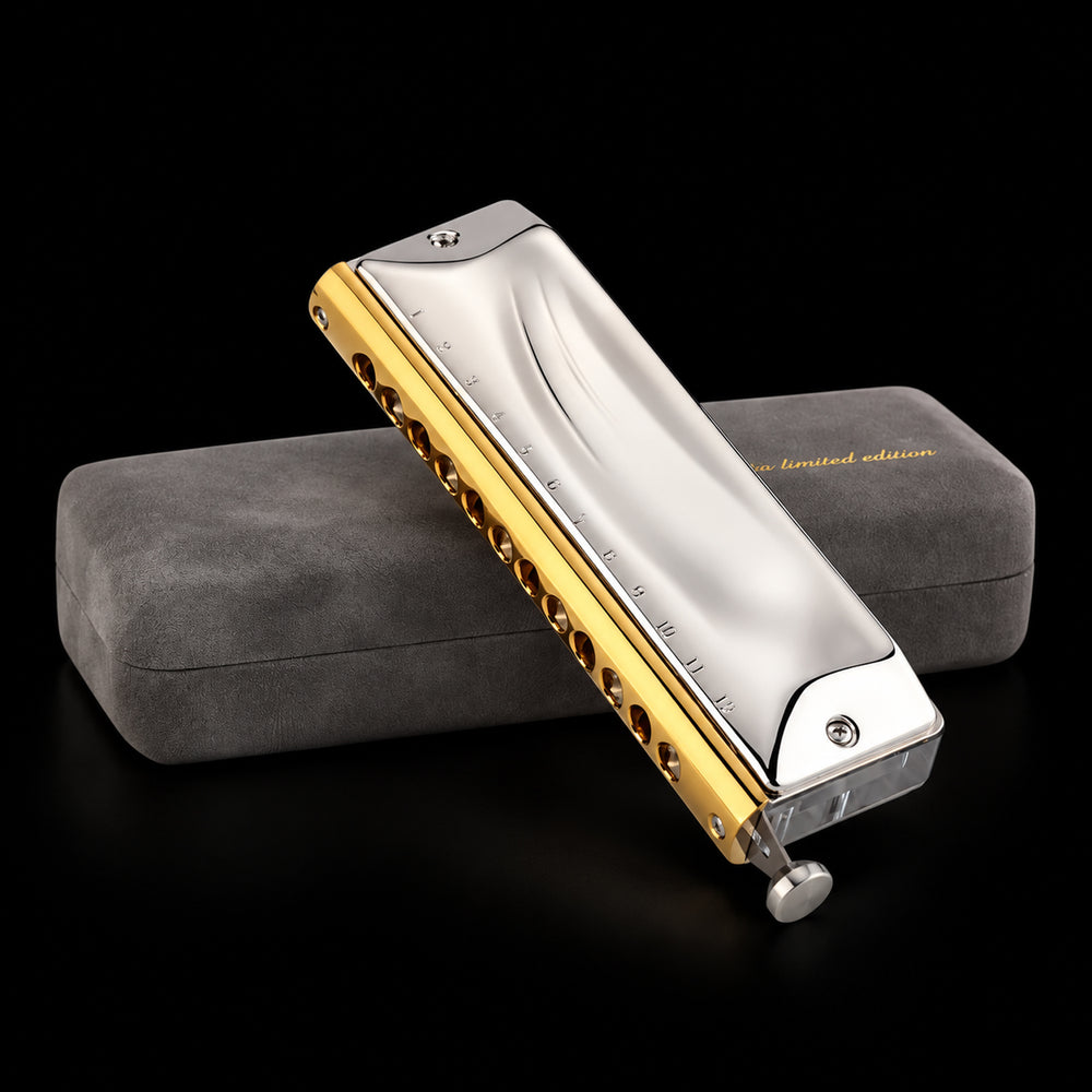 JDR 20th Anniversary 12-Hole Chromatic Harmonica GM-0648-20, Platinum-Plated Copper Cover Plates, Clear Acrylic Comb, Heat-Treated Reeds, Bright Tone, Easy Playability