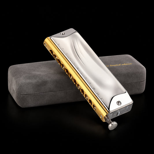 JDR 20th Anniversary 12-Hole Chromatic Harmonica GM-0648-20, Platinum-Plated Copper Cover Plates, Clear Acrylic Comb, Heat-Treated Reeds, Bright Tone, Easy Playability