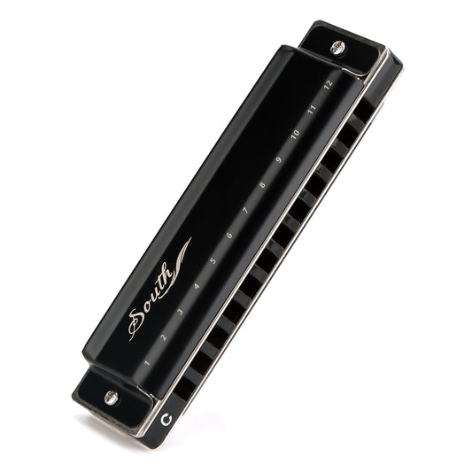 JDR South Harmonica 12 Holes 24 Tones, No Bending Required for Full Scale, Easy for Beginners(Black)