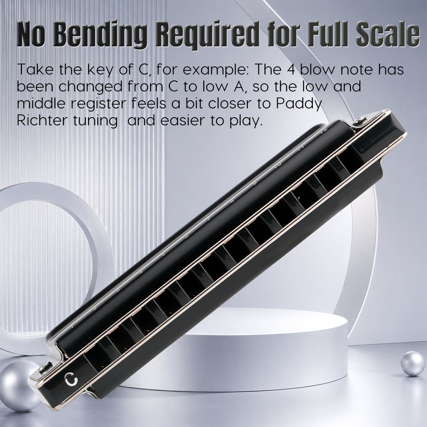 JDR South Harmonica 12 Holes 24 Tones, No Bending Required for Full Scale, Easy for Beginners(Black)