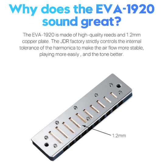 The comb of the blues harmonica EVA - 1920 is made of aluminum. The sound is transmitted faster in the metal comb, and the sound produced is louder and clearer.