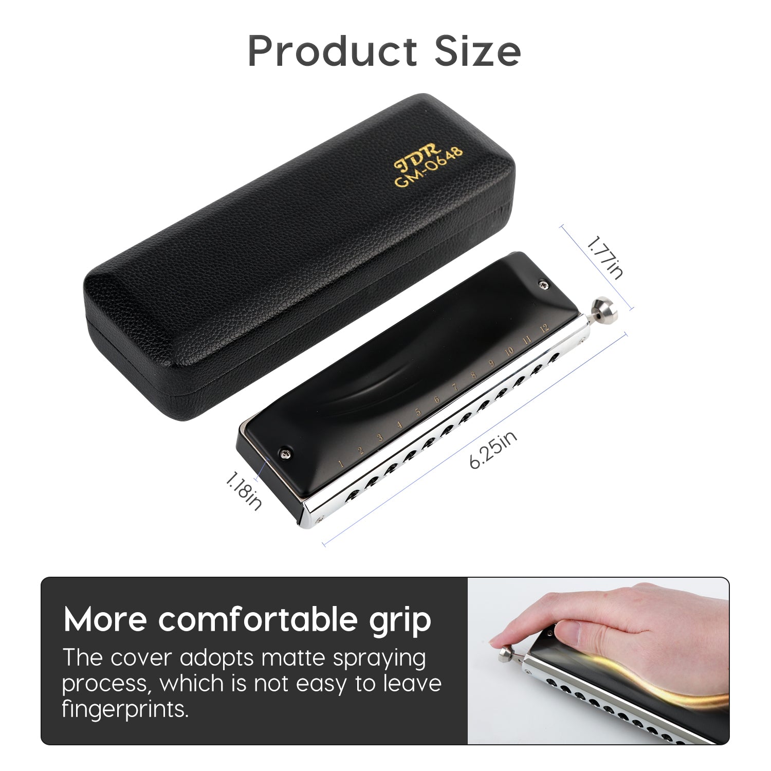 GM0648 chromatic harmonica features phosphor bronze reeds, durable valves, a copper-chromed mouthpiece, waterproof ABS comb with anti-whistling 4th hole.