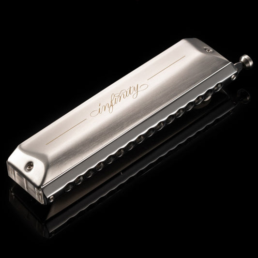 JDR Infinity Chromatic Harmonica features a copper-chrome cover, 4-thickness Infinity reedplates, No.45 reeds, and smooth blow-draw for rich, loud tones.