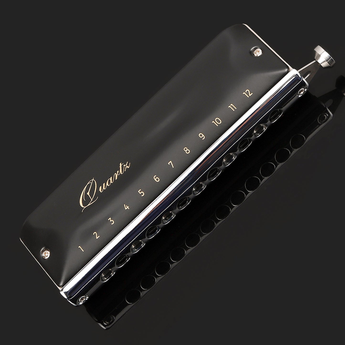 The JDR Quartz 12-hole 48-tone chromatic harmonica in key of C features half valves for airtightness, special reeds, a 1.2mm reed plate.