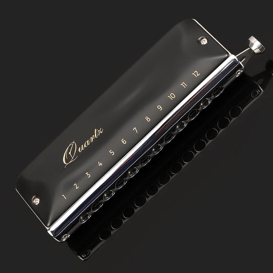 The JDR Quartz 12-hole 48-tone chromatic harmonica in key of C features half valves for airtightness, special reeds, a 1.2mm reed plate.
