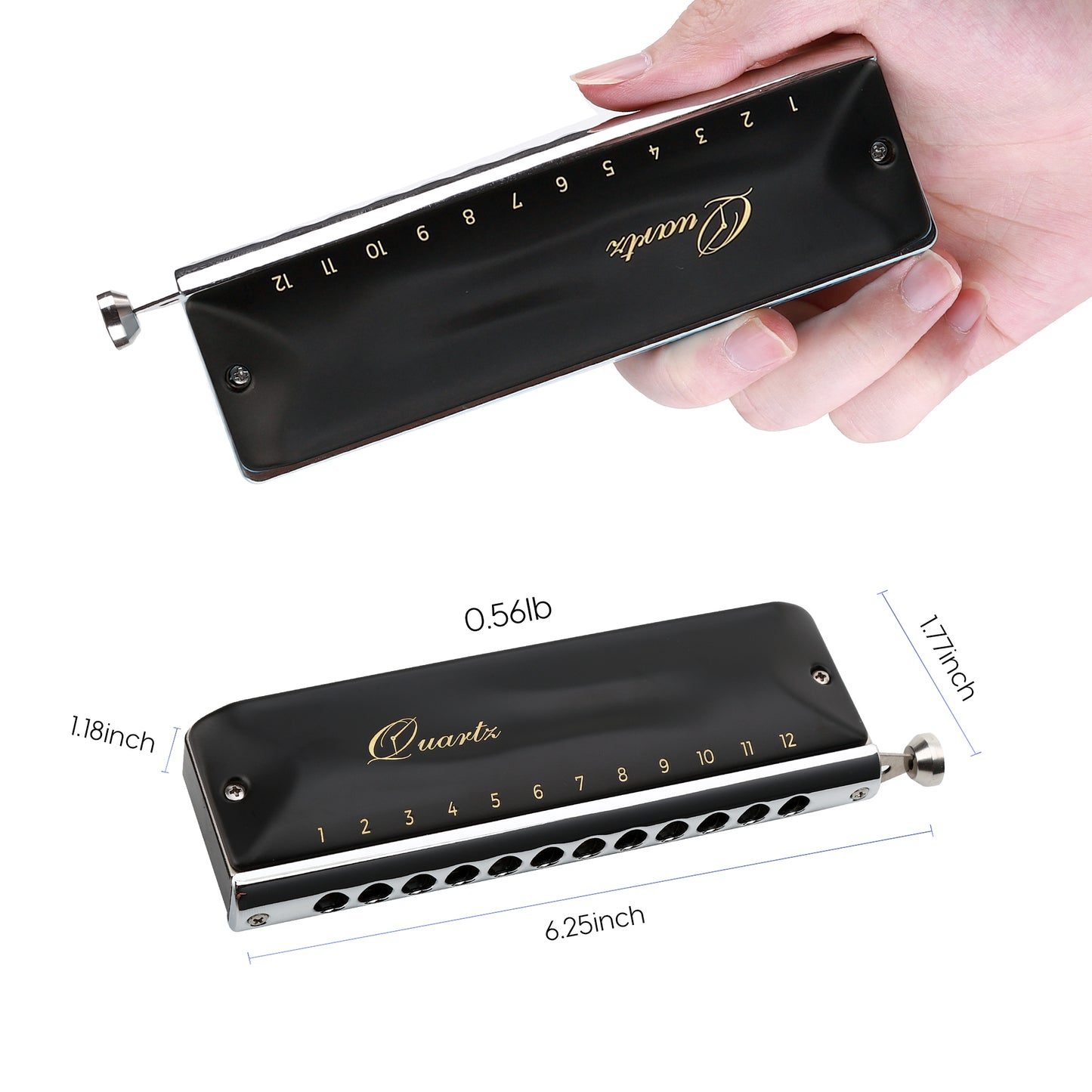 The JDR Quartz 12-hole 48-tone chromatic harmonica in key of C features half valves for airtightness, special reeds, a 1.2mm reed plate.