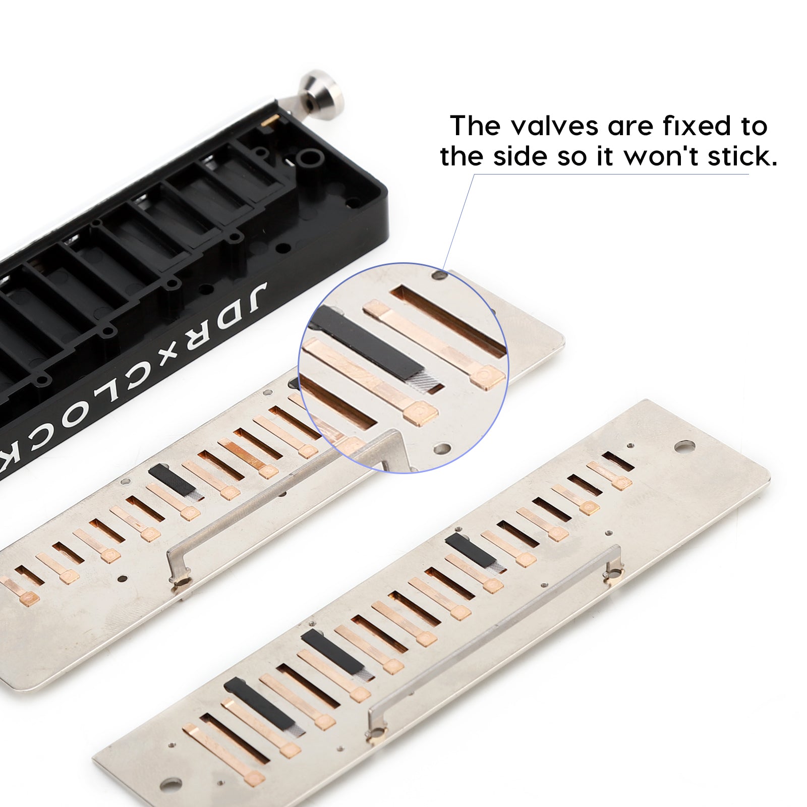 The JDR Quartz 12-hole 48-tone chromatic harmonica in key of C features half valves for airtightness, special reeds, a 1.2mm reed plate.
