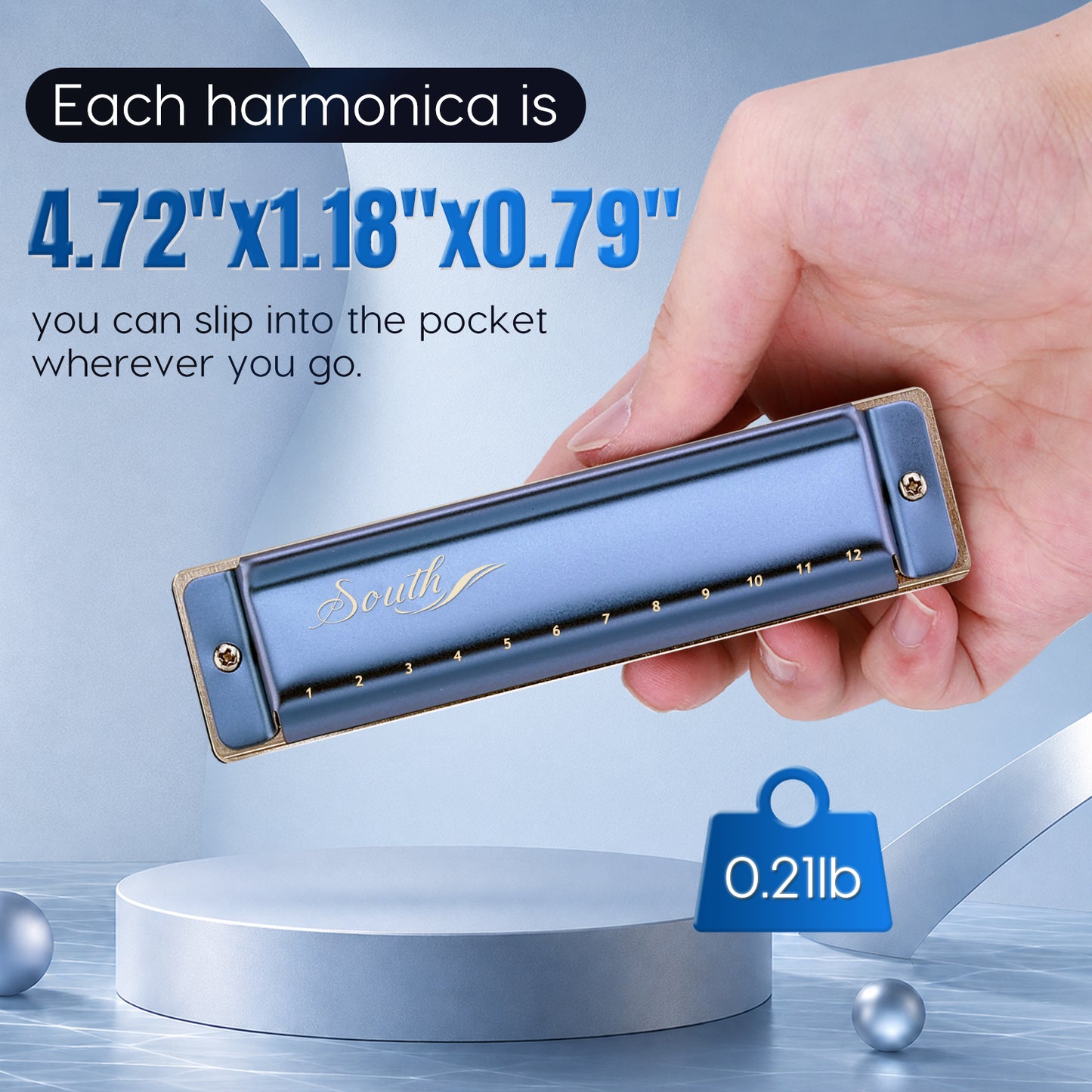 JDR South Blues Harmonica 12 Holes 24 Tones, No Bending Required for Full Scale, Easy for Beginners(Blue)