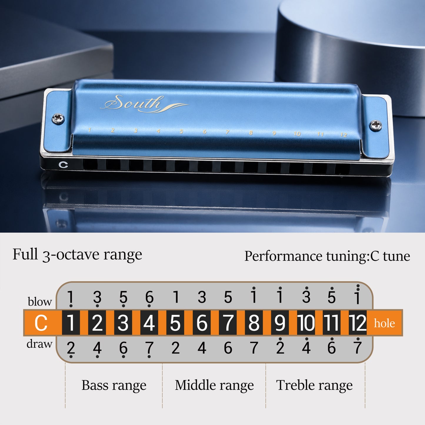 JDR South Blues Harmonica 12 Holes 24 Tones, No Bending Required for Full Scale, Easy for Beginners(Blue)